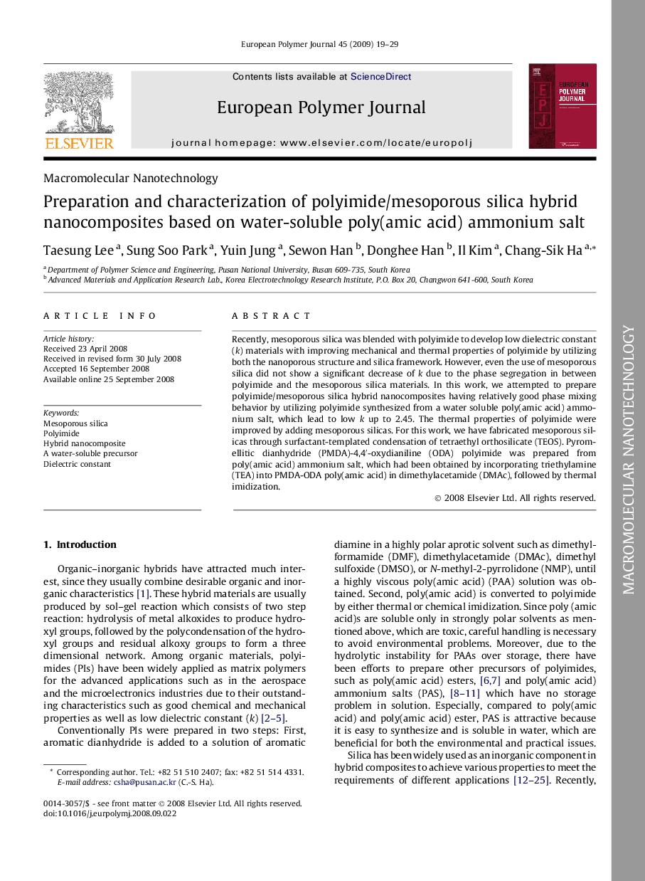 Preparation and characterization of polyimide/mesoporous silica hybrid nanocomposites based on water-soluble poly(amic acid) ammonium salt