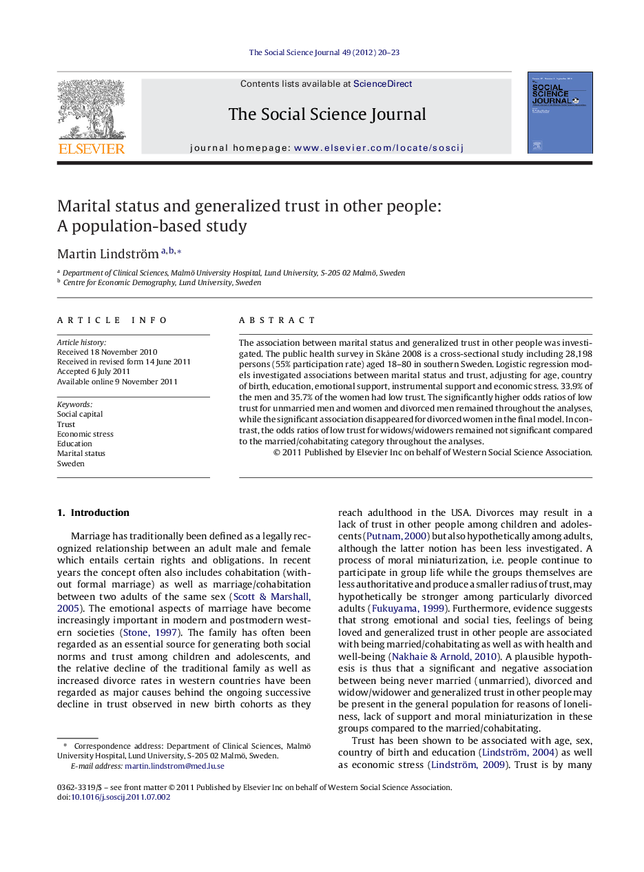 Marital status and generalized trust in other people: A population-based study