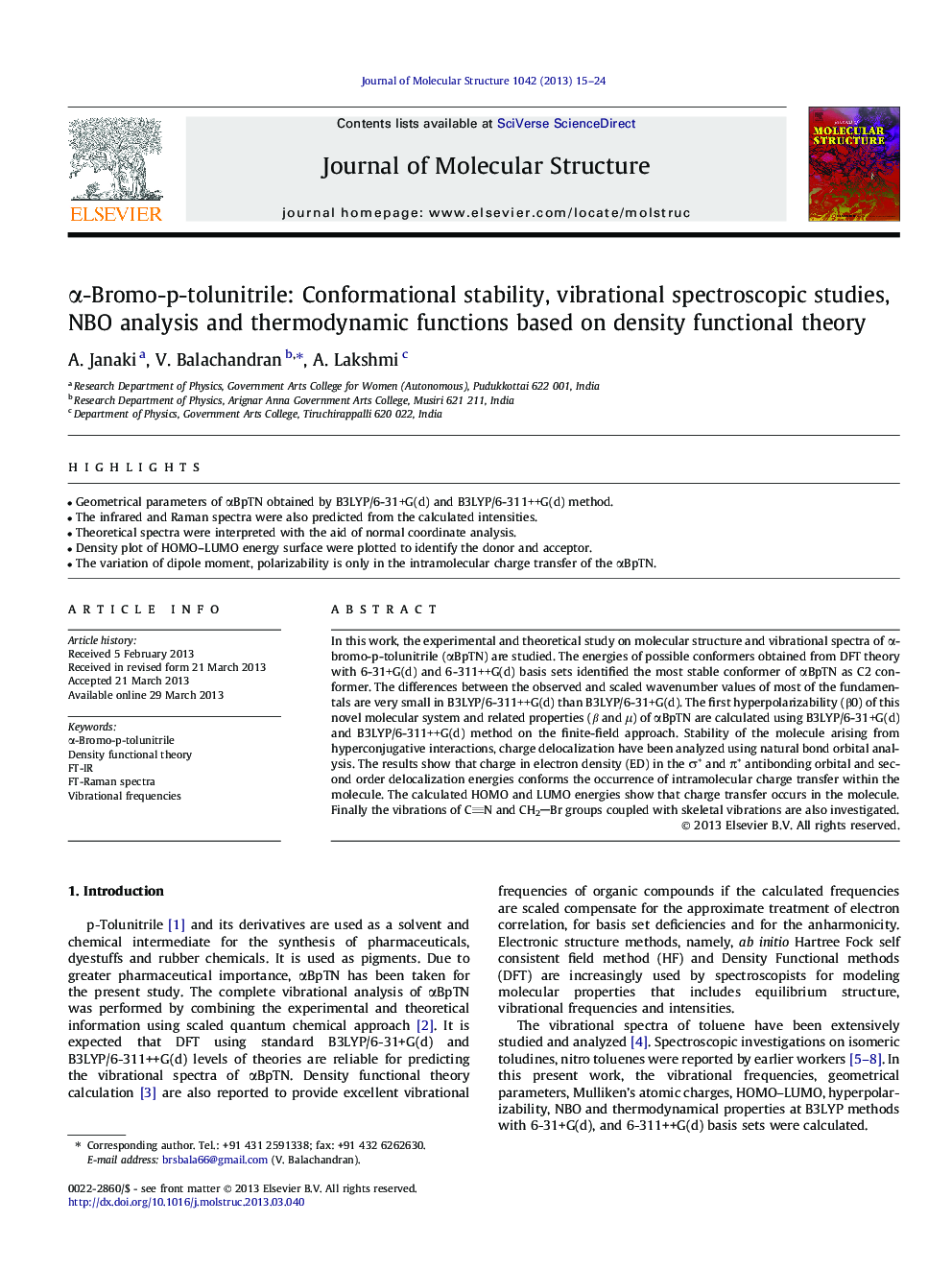 α-Bromo-p-tolunitrile: Conformational stability, vibrational spectroscopic studies, NBO analysis and thermodynamic functions based on density functional theory