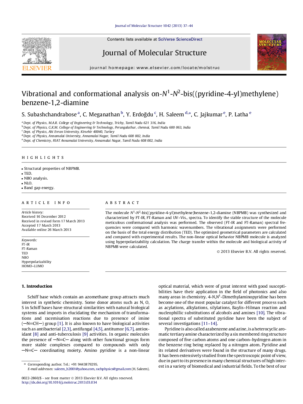 Vibrational and conformational analysis on-N1-N2-bis((pyridine-4-yl)methylene) benzene-1,2-diamine