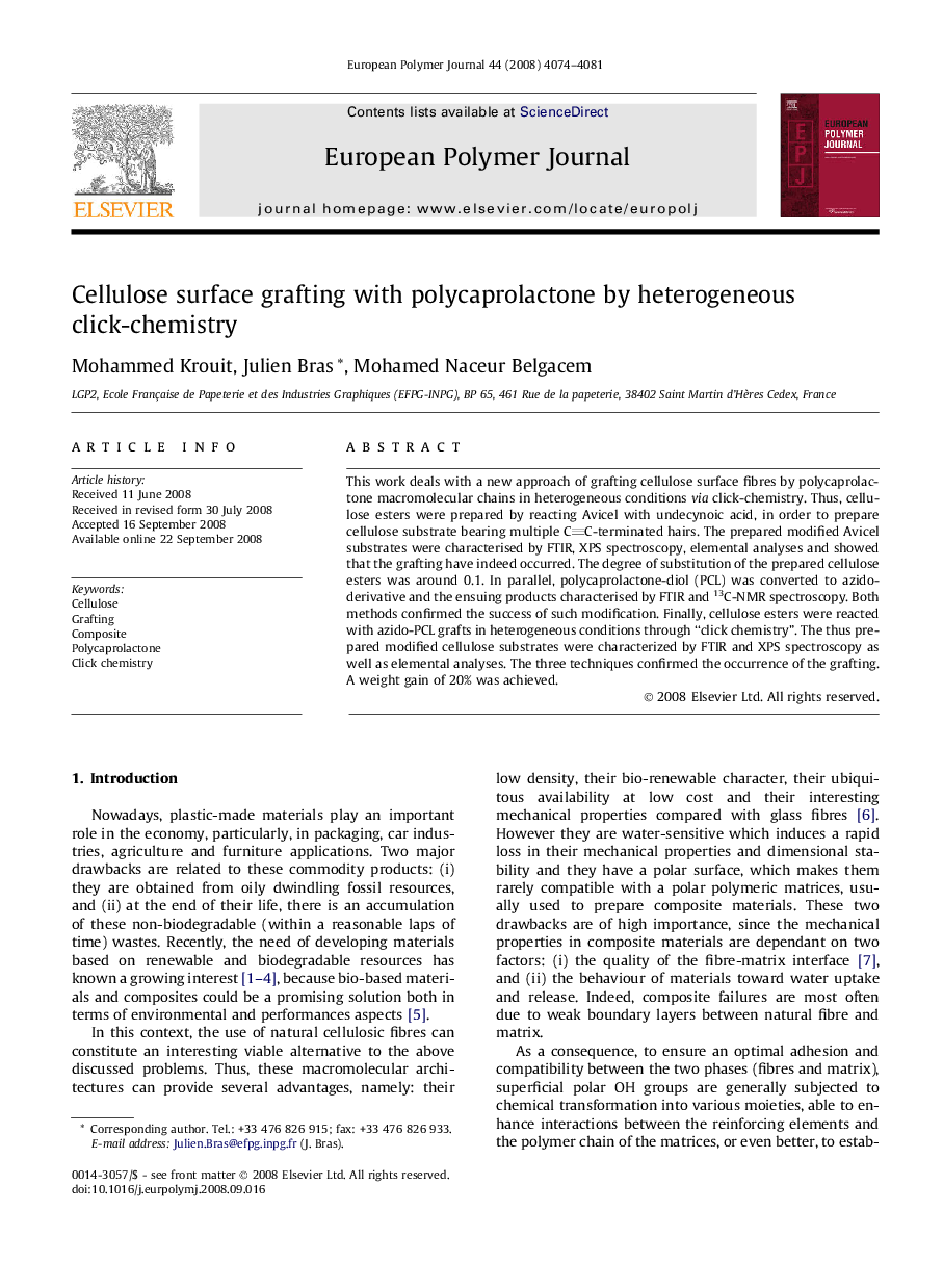 Cellulose surface grafting with polycaprolactone by heterogeneous click-chemistry