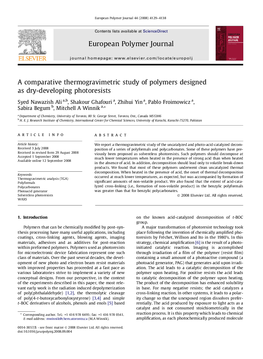 A comparative thermogravimetric study of polymers designed as dry-developing photoresists