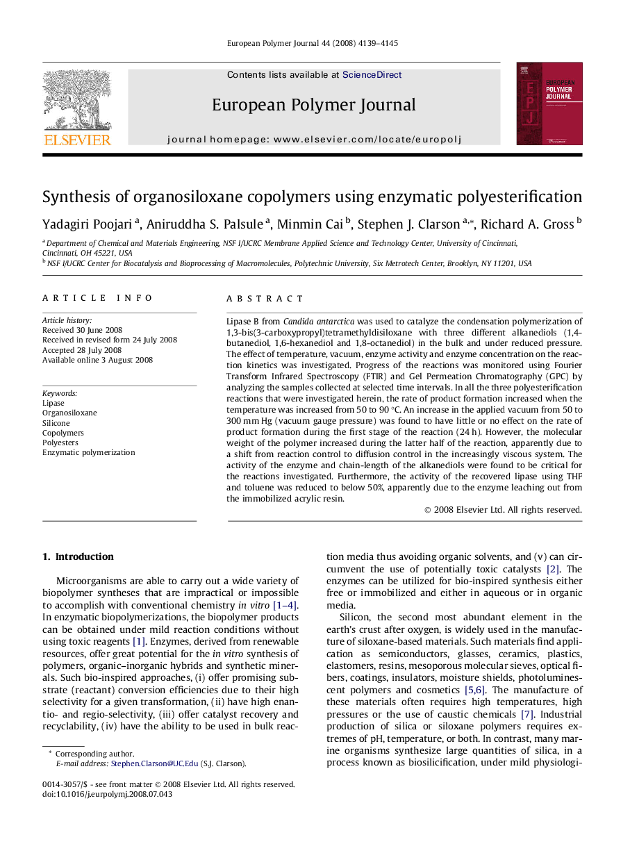 Synthesis of organosiloxane copolymers using enzymatic polyesterification