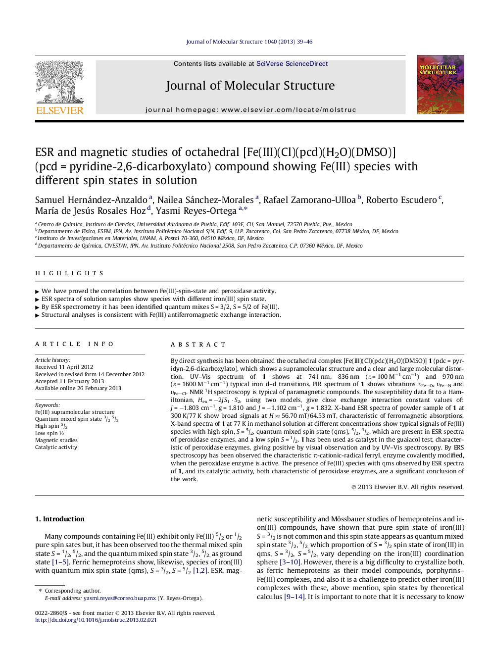 ESR and magnetic studies of octahedral [Fe(III)(Cl)(pcd)(H2O)(DMSO)] (pcd = pyridine-2,6-dicarboxylato) compound showing Fe(III) species with different spin states in solution