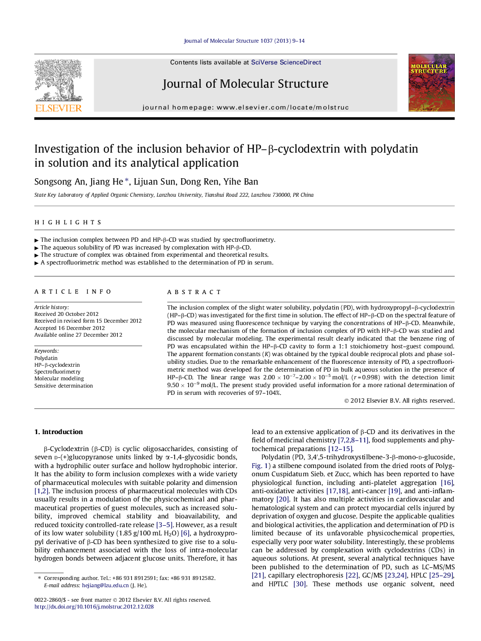 Investigation of the inclusion behavior of HP–β-cyclodextrin with polydatin in solution and its analytical application