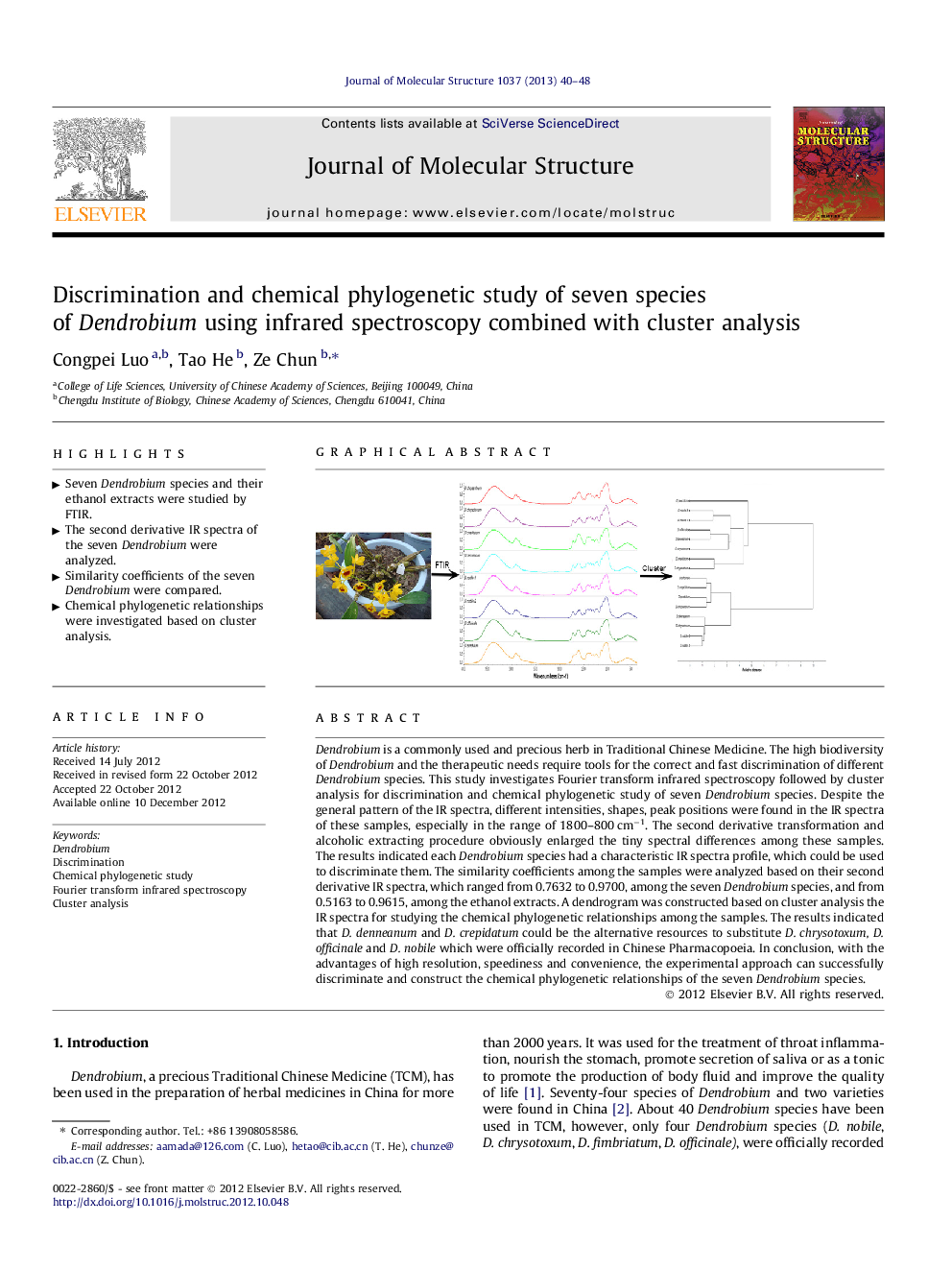 Discrimination and chemical phylogenetic study of seven species of Dendrobium using infrared spectroscopy combined with cluster analysis