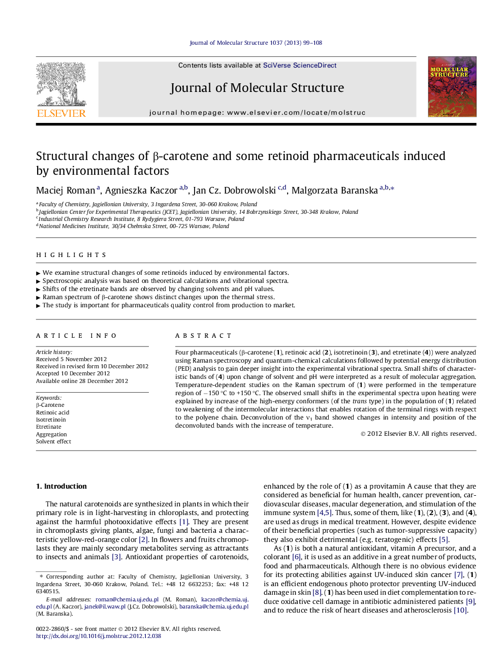 Structural changes of β-carotene and some retinoid pharmaceuticals induced by environmental factors