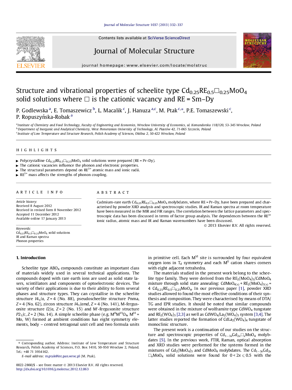 Structure and vibrational properties of scheelite type Cd0.25RE0.5□0.25MoO4 solid solutions where □ is the cationic vacancy and RE = Sm–Dy