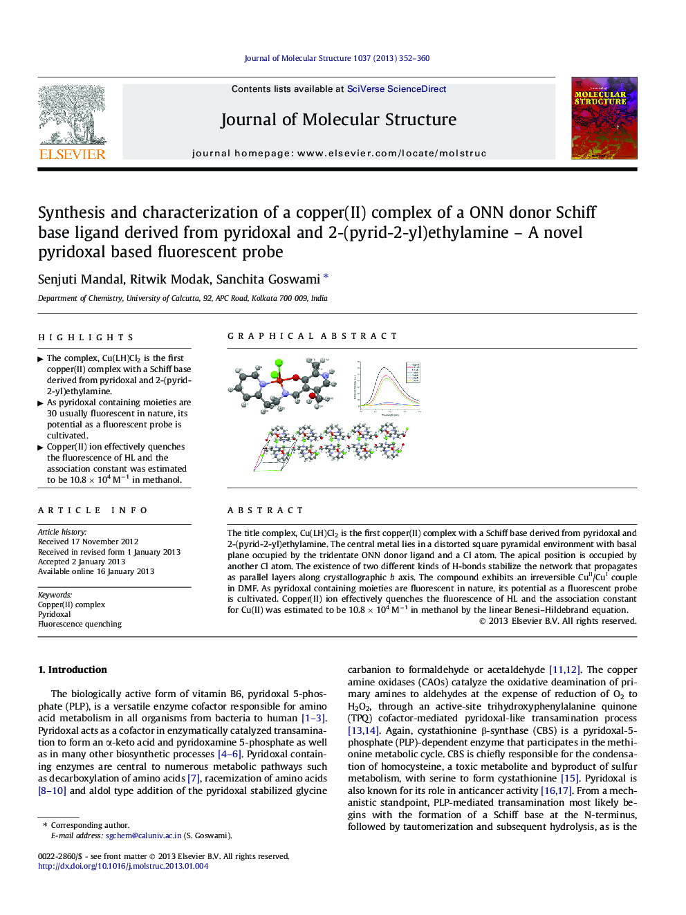 Synthesis and characterization of a copper(II) complex of a ONN donor Schiff base ligand derived from pyridoxal and 2-(pyrid-2-yl)ethylamine – A novel pyridoxal based fluorescent probe