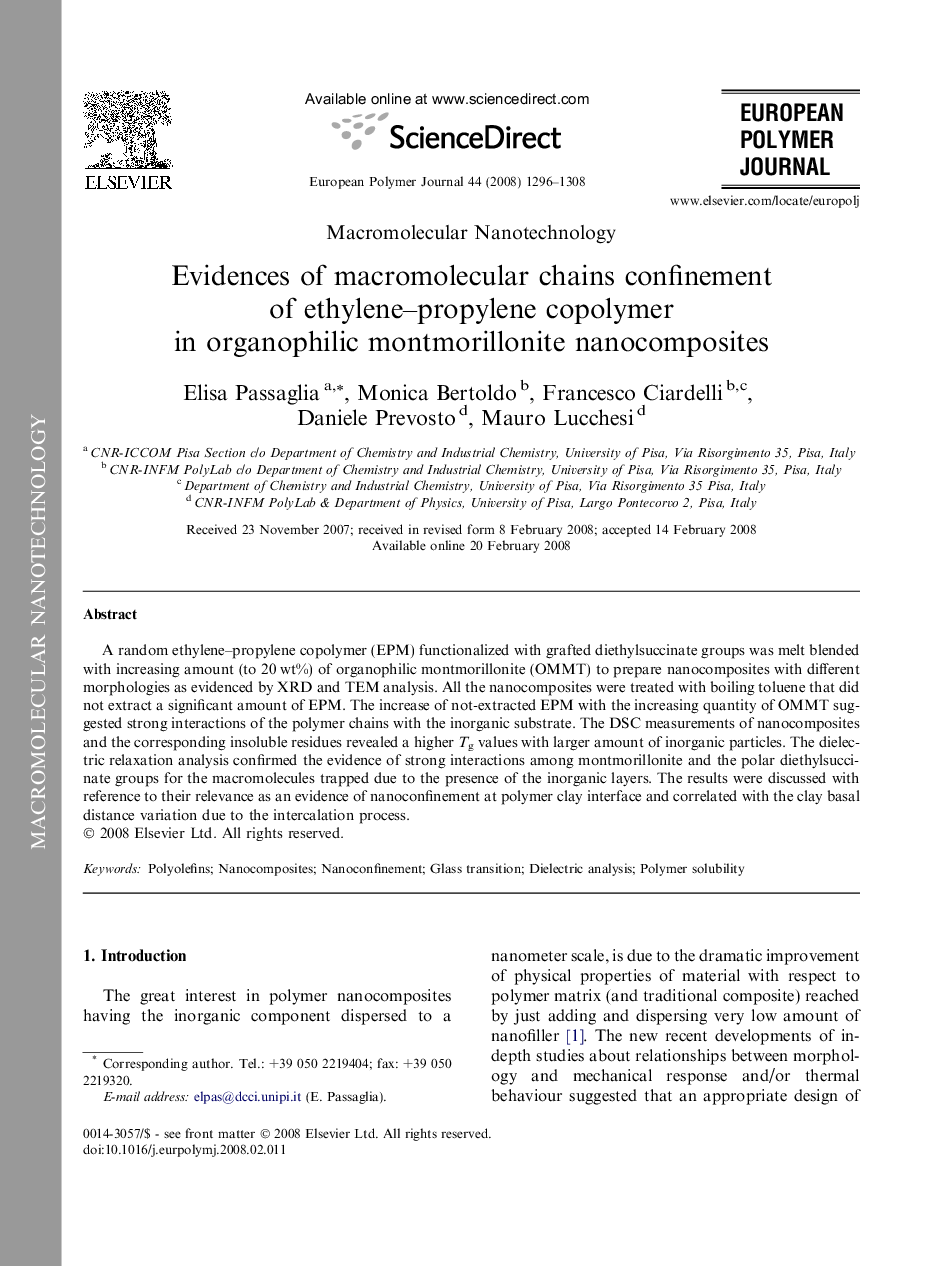 Evidences of macromolecular chains confinement of ethylene–propylene copolymer in organophilic montmorillonite nanocomposites