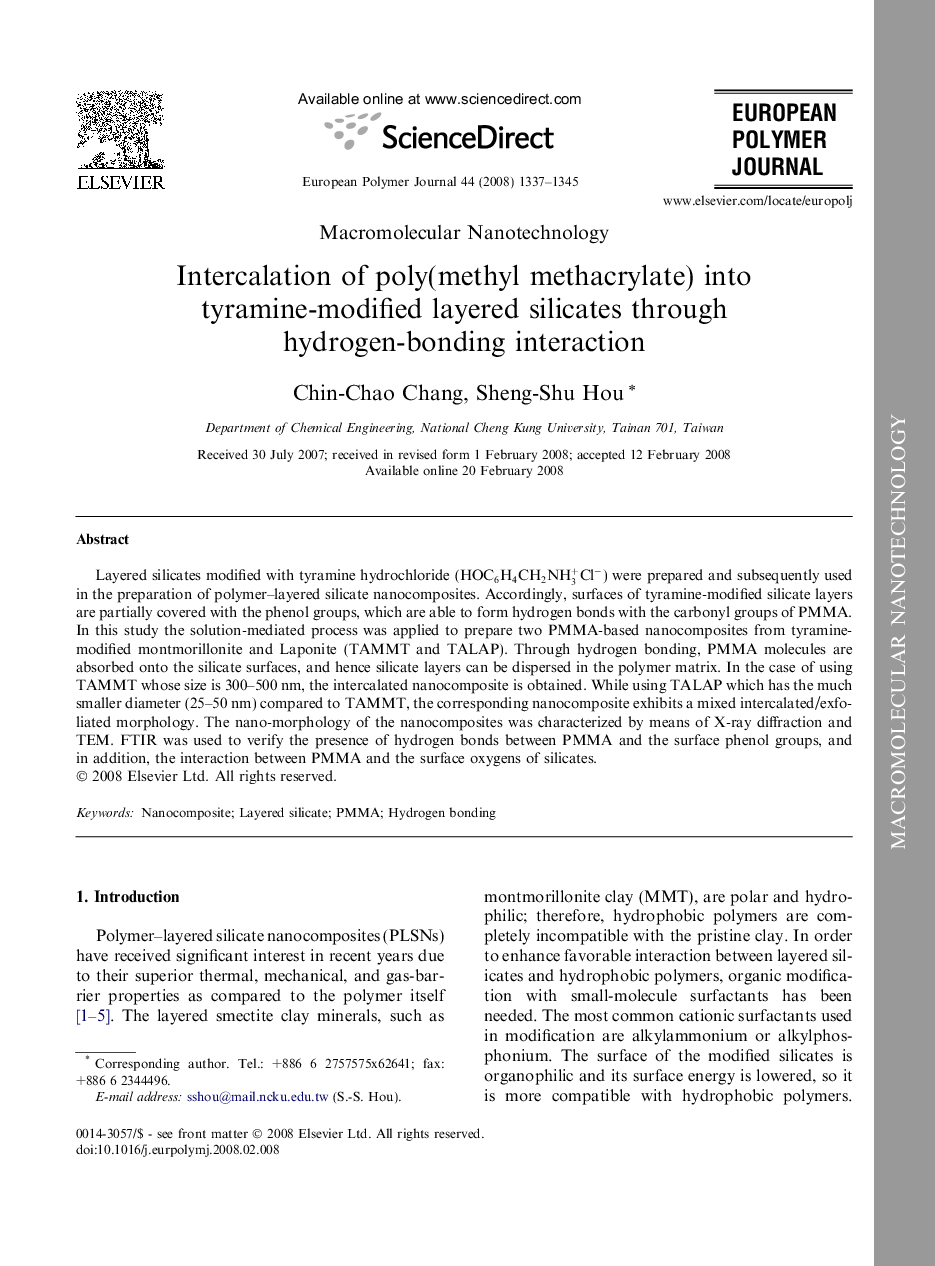 Intercalation of poly(methyl methacrylate) into tyramine-modified layered silicates through hydrogen-bonding interaction