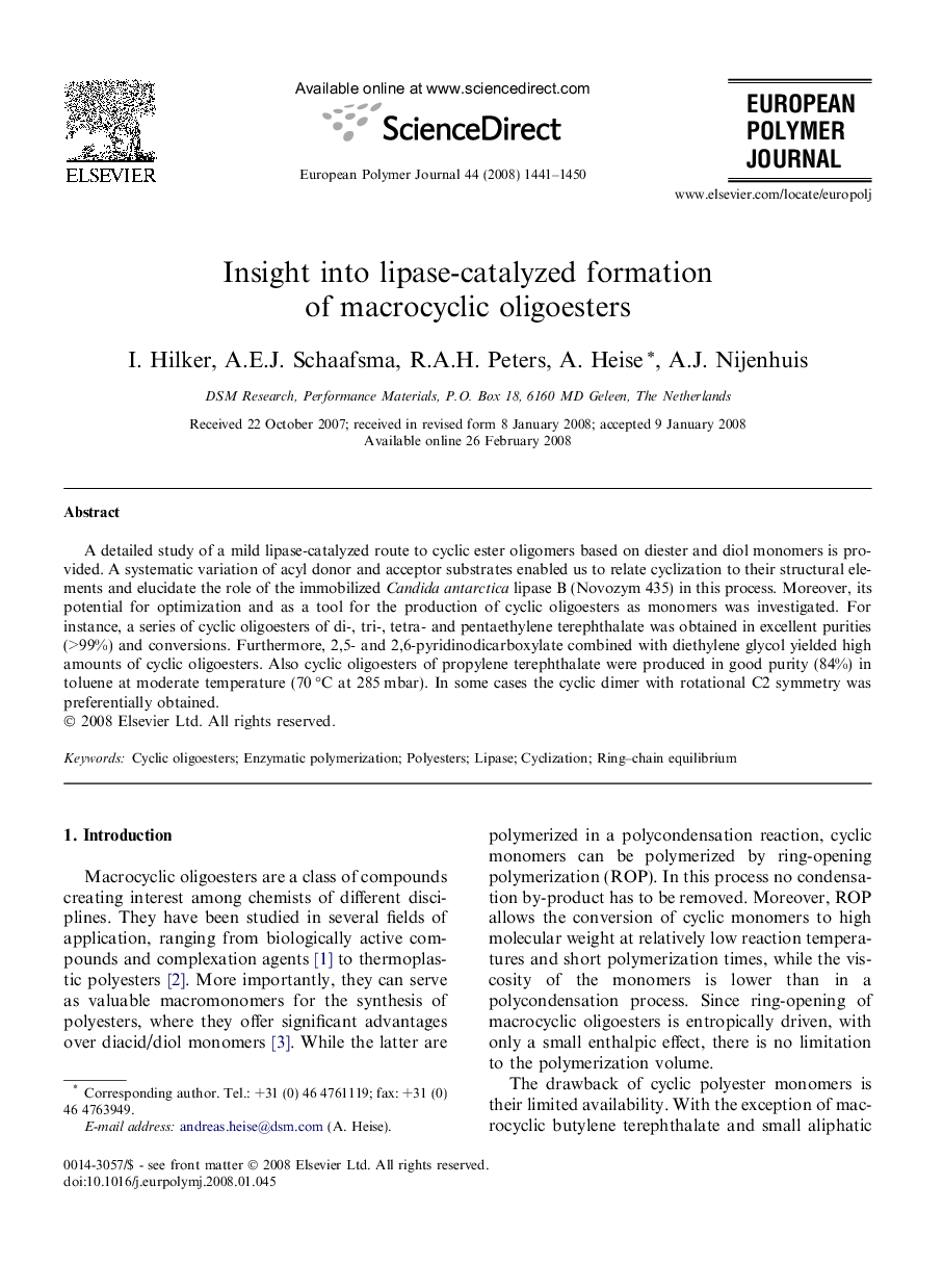 Insight into lipase-catalyzed formation of macrocyclic oligoesters