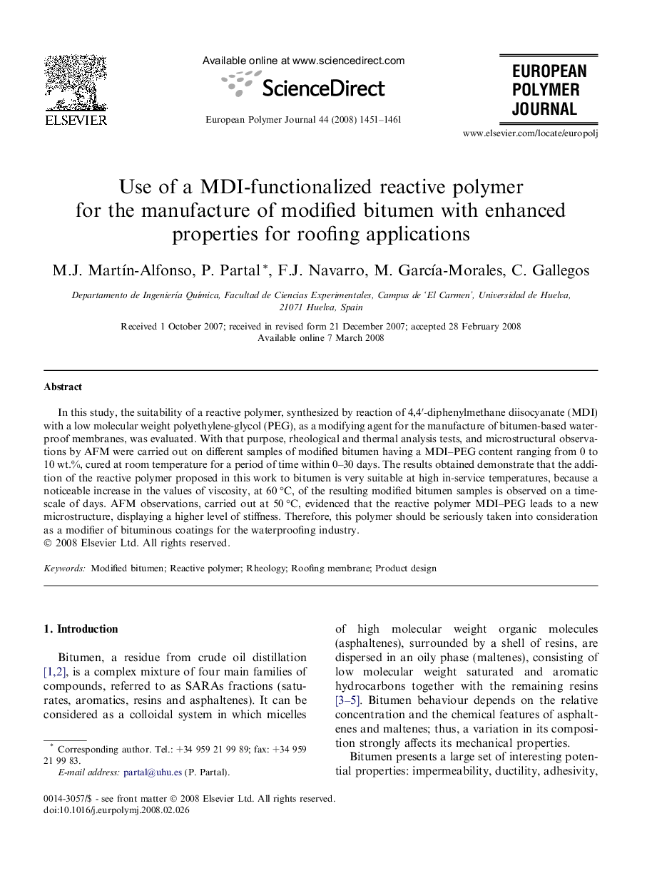 Use of a MDI-functionalized reactive polymer for the manufacture of modified bitumen with enhanced properties for roofing applications