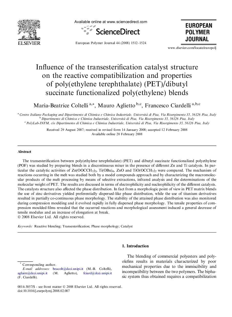 Influence of the transesterification catalyst structure on the reactive compatibilization and properties of poly(ethylene terephthalate) (PET)/dibutyl succinate functionalized poly(ethylene) blends