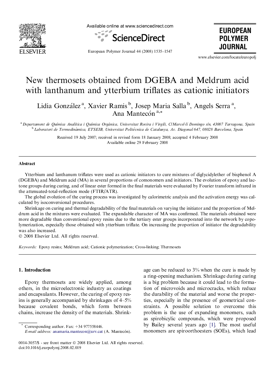 New thermosets obtained from DGEBA and Meldrum acid with lanthanum and ytterbium triflates as cationic initiators