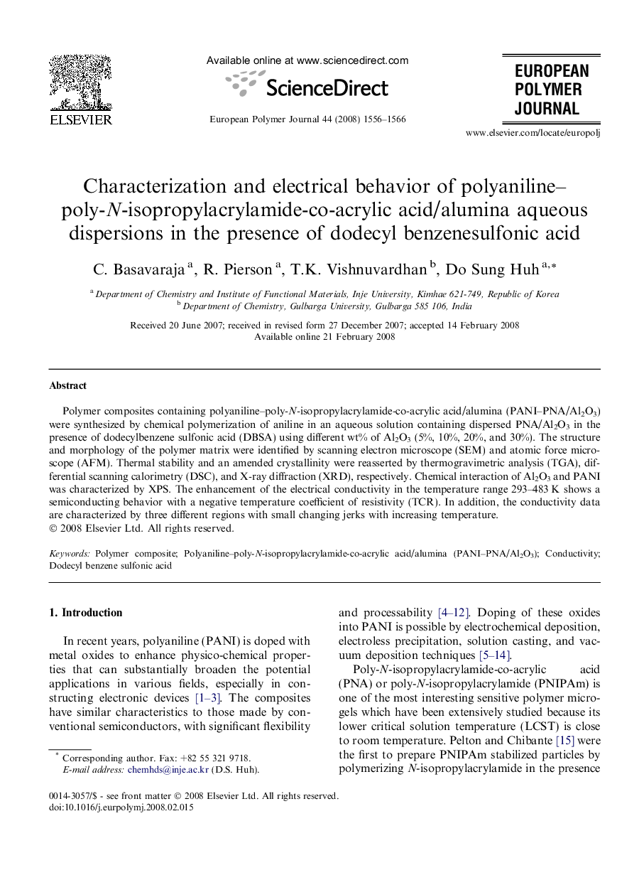 Characterization and electrical behavior of polyaniline–poly-N-isopropylacrylamide-co-acrylic acid/alumina aqueous dispersions in the presence of dodecyl benzenesulfonic acid