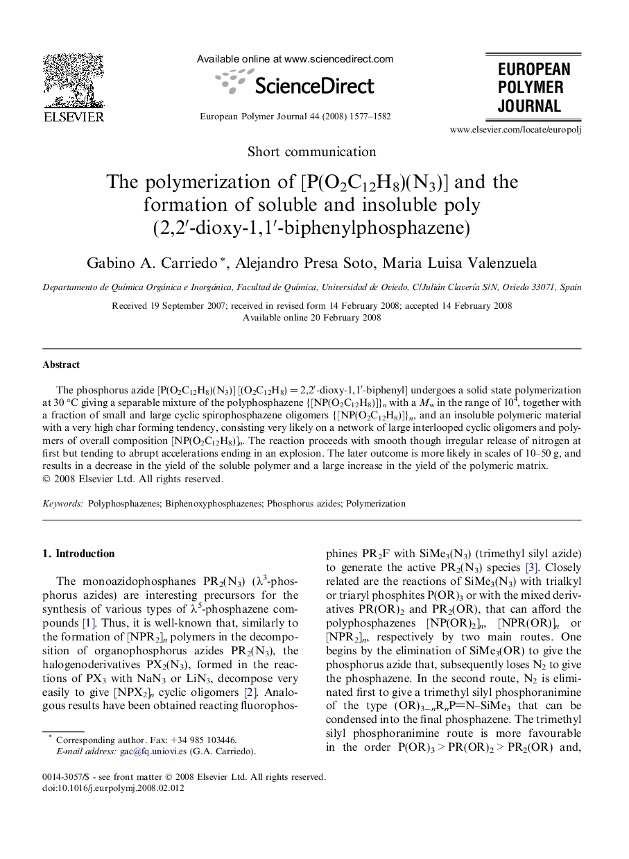 The polymerization of [P(O2C12H8)(N3)] and the formation of soluble and insoluble poly(2,2′-dioxy-1,1′-biphenylphosphazene)