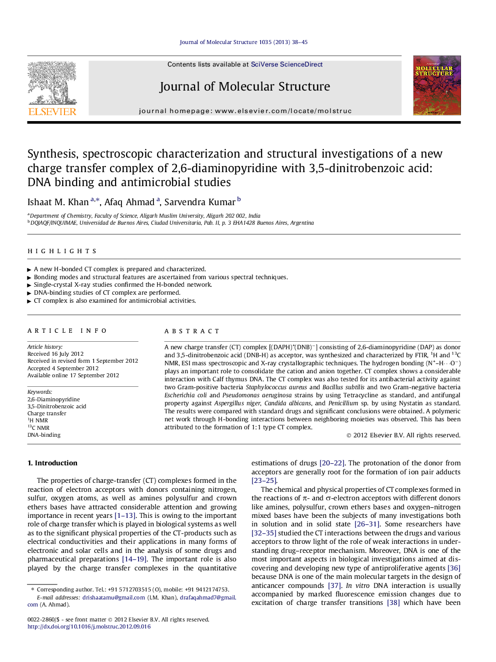 Synthesis, spectroscopic characterization and structural investigations of a new charge transfer complex of 2,6-diaminopyridine with 3,5-dinitrobenzoic acid: DNA binding and antimicrobial studies