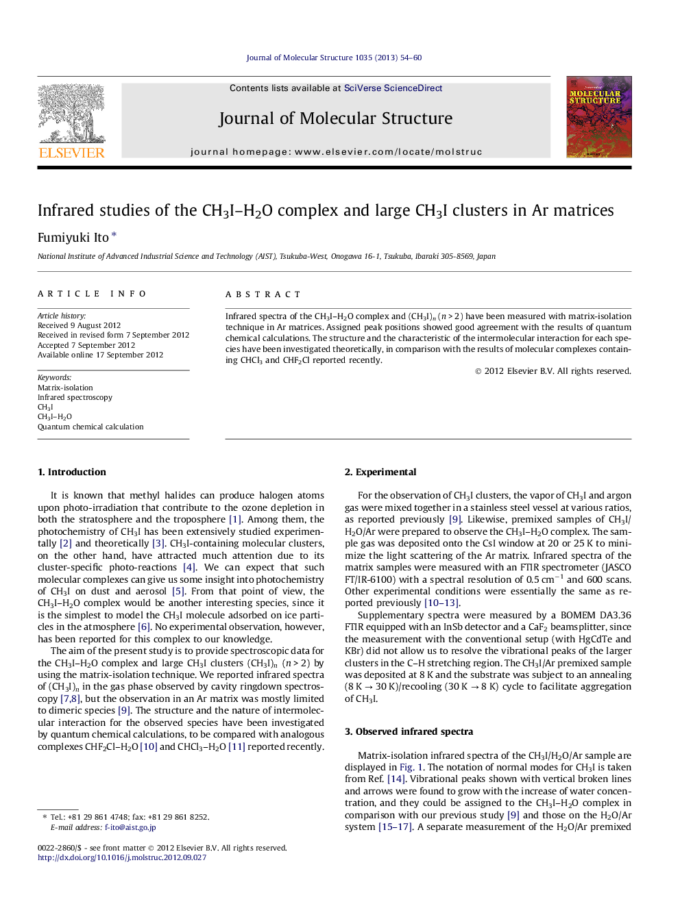 Infrared studies of the CH3I–H2O complex and large CH3I clusters in Ar matrices