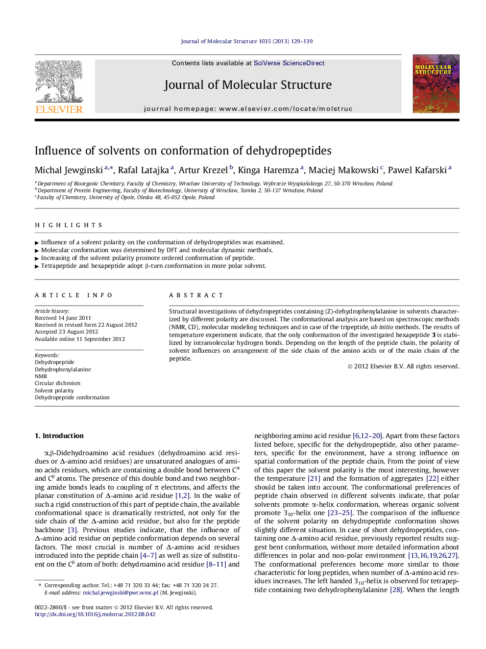 Influence of solvents on conformation of dehydropeptides