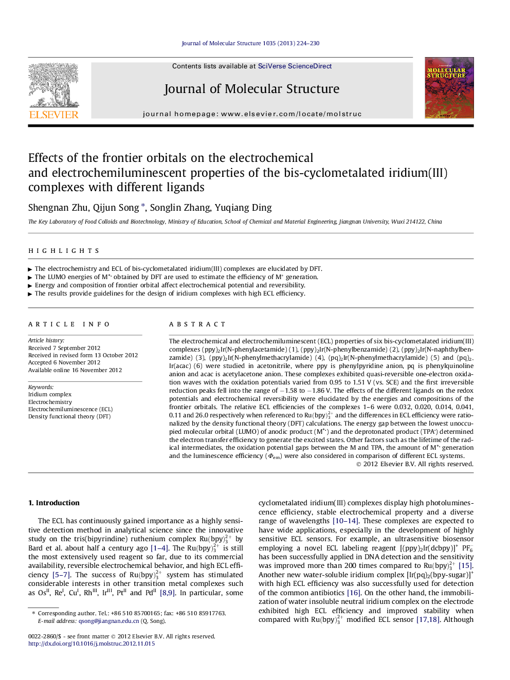 Effects of the frontier orbitals on the electrochemical and electrochemiluminescent properties of the bis-cyclometalated iridium(III) complexes with different ligands