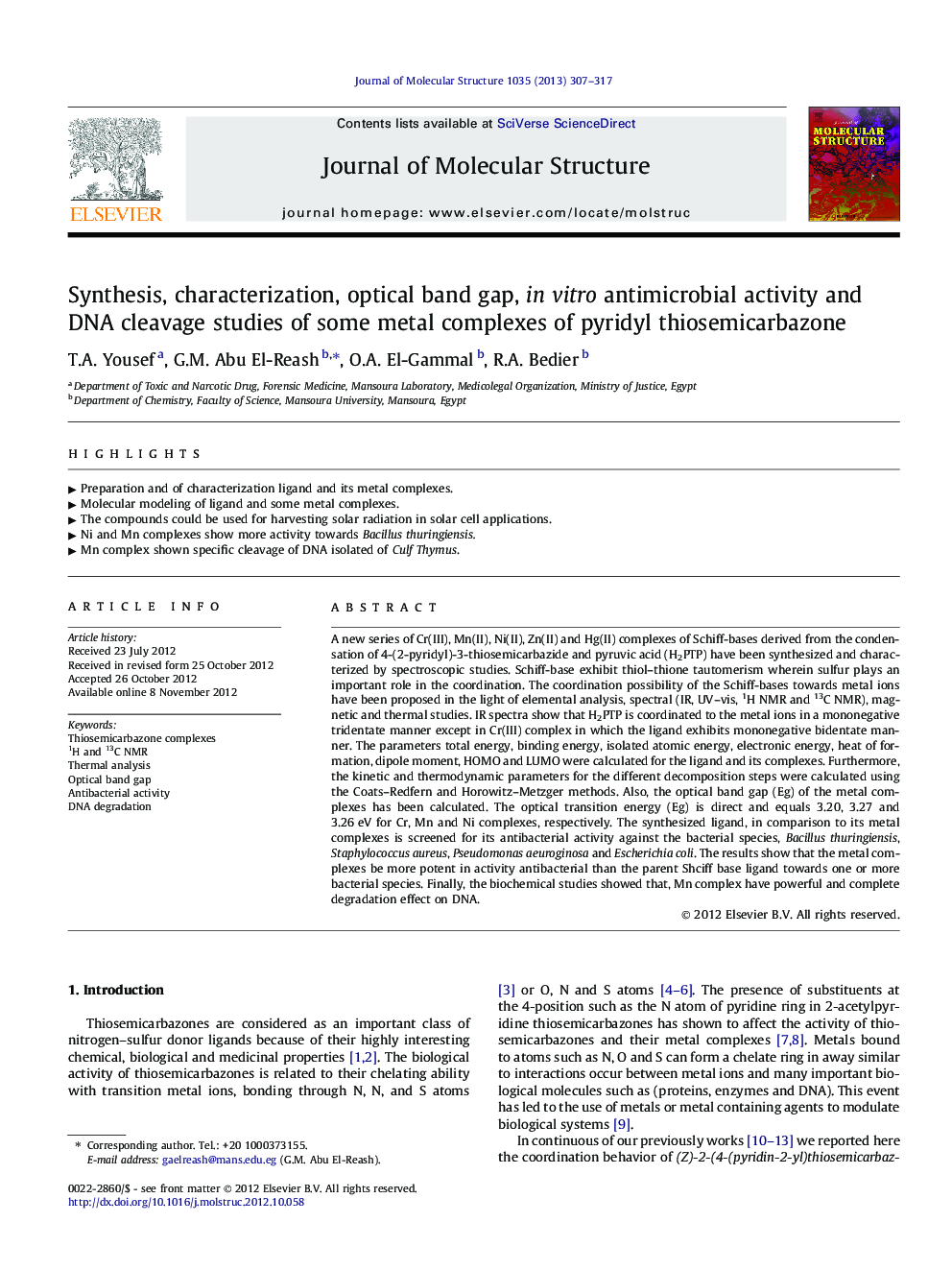 Synthesis, characterization, optical band gap, in vitro antimicrobial activity and DNA cleavage studies of some metal complexes of pyridyl thiosemicarbazone