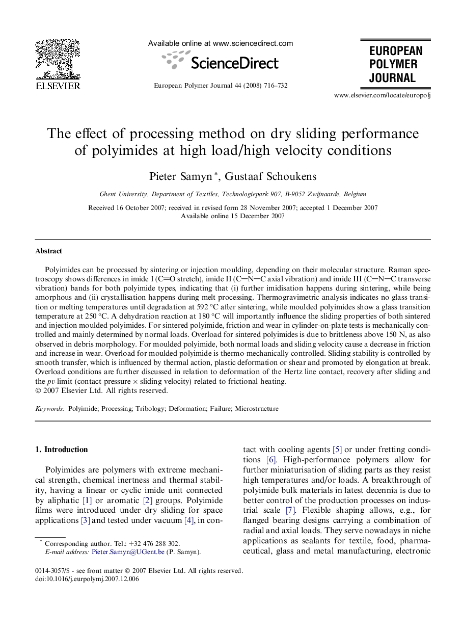 The effect of processing method on dry sliding performance of polyimides at high load/high velocity conditions