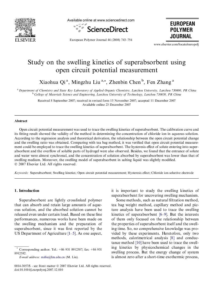 Study on the swelling kinetics of superabsorbent using open circuit potential measurement