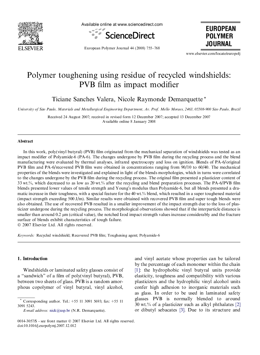 Polymer toughening using residue of recycled windshields: PVB film as impact modifier