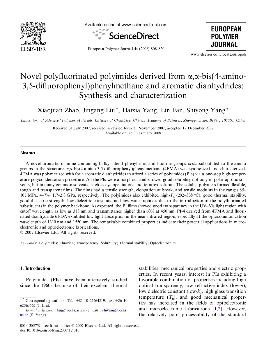 Novel polyfluorinated polyimides derived from α,α-bis(4-amino-3,5-difluorophenyl)phenylmethane and aromatic dianhydrides: Synthesis and characterization