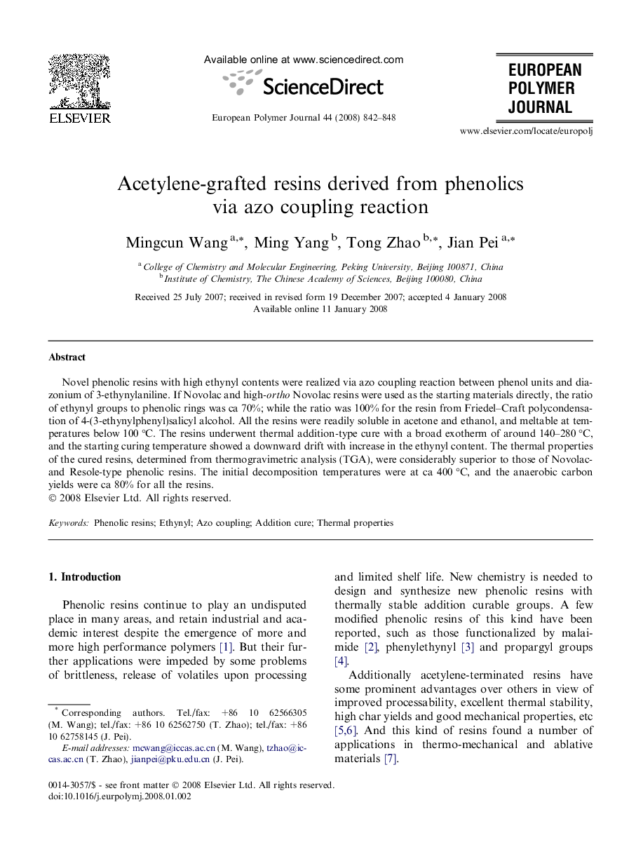 Acetylene-grafted resins derived from phenolics via azo coupling reaction