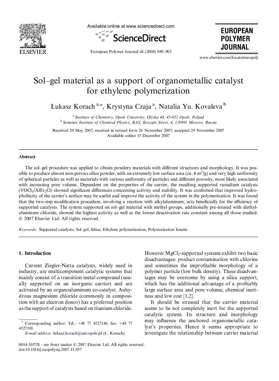 Sol-gel material as a support of organometallic catalyst for ethylene polymerization