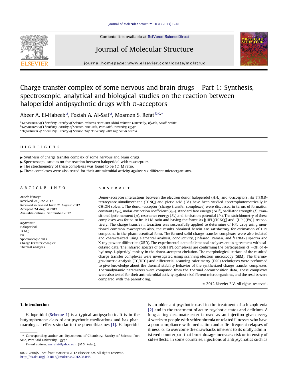 Charge transfer complex of some nervous and brain drugs – Part 1: Synthesis, spectroscopic, analytical and biological studies on the reaction between haloperidol antipsychotic drugs with π-acceptors