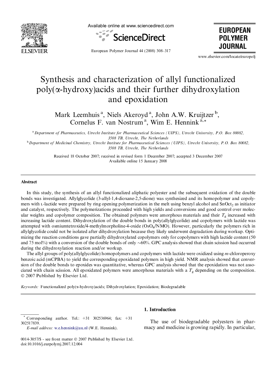 Synthesis and characterization of allyl functionalized poly(α-hydroxy)acids and their further dihydroxylation and epoxidation