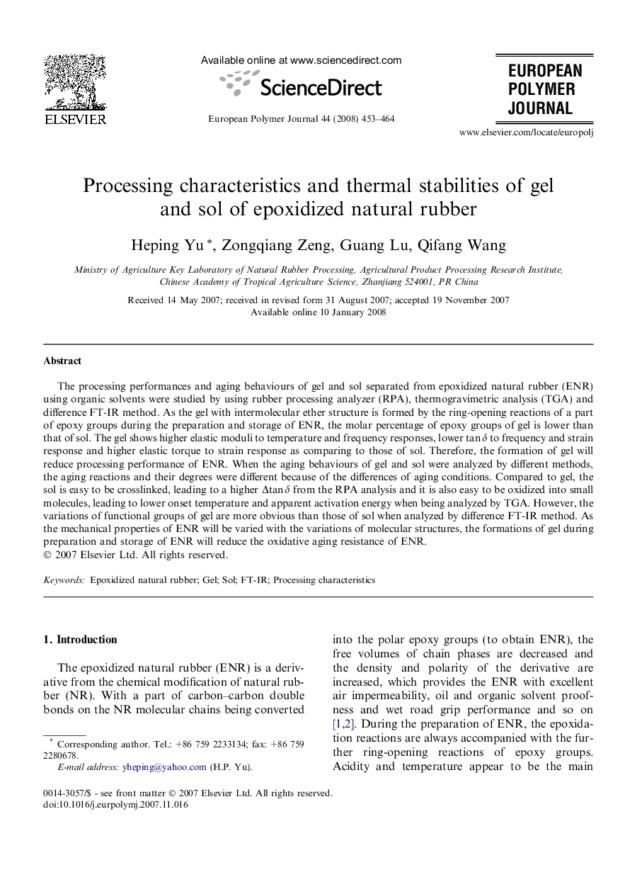 Processing characteristics and thermal stabilities of gel and sol of epoxidized natural rubber