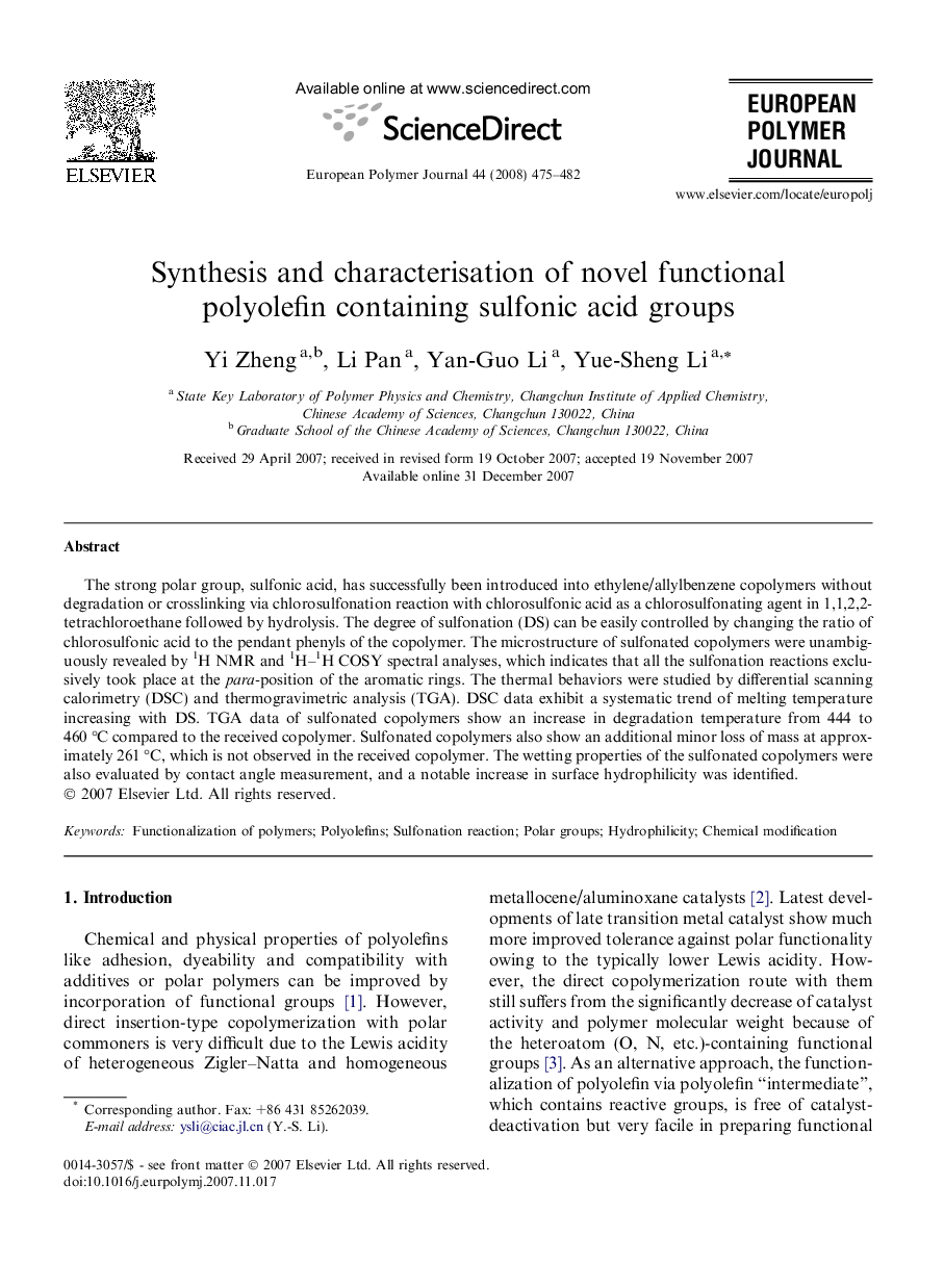 Synthesis and characterisation of novel functional polyolefin containing sulfonic acid groups