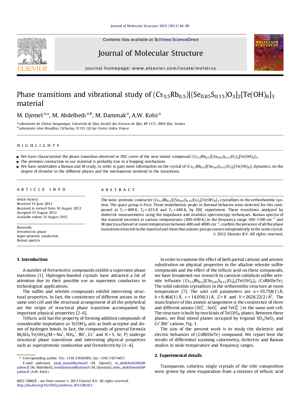 Phase transitions and vibrational study of (Cs3.5Rb0.5)[(Se0.85S0.15)O3]2[Te(OH)6]3 material