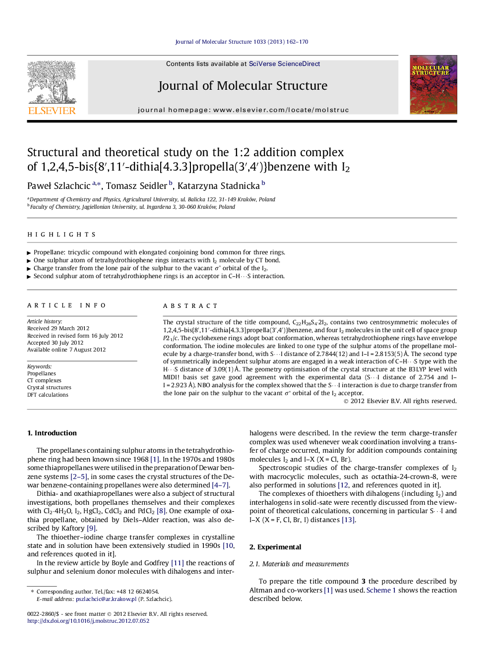 Structural and theoretical study on the 1:2 addition complex of 1,2,4,5-bis{8′,11′-dithia[4.3.3]propella(3′,4′)}benzene with I2