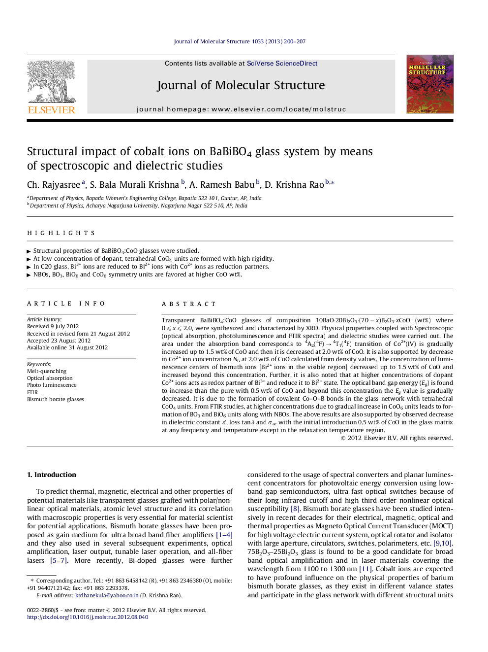 Structural impact of cobalt ions on BaBiBO4 glass system by means of spectroscopic and dielectric studies