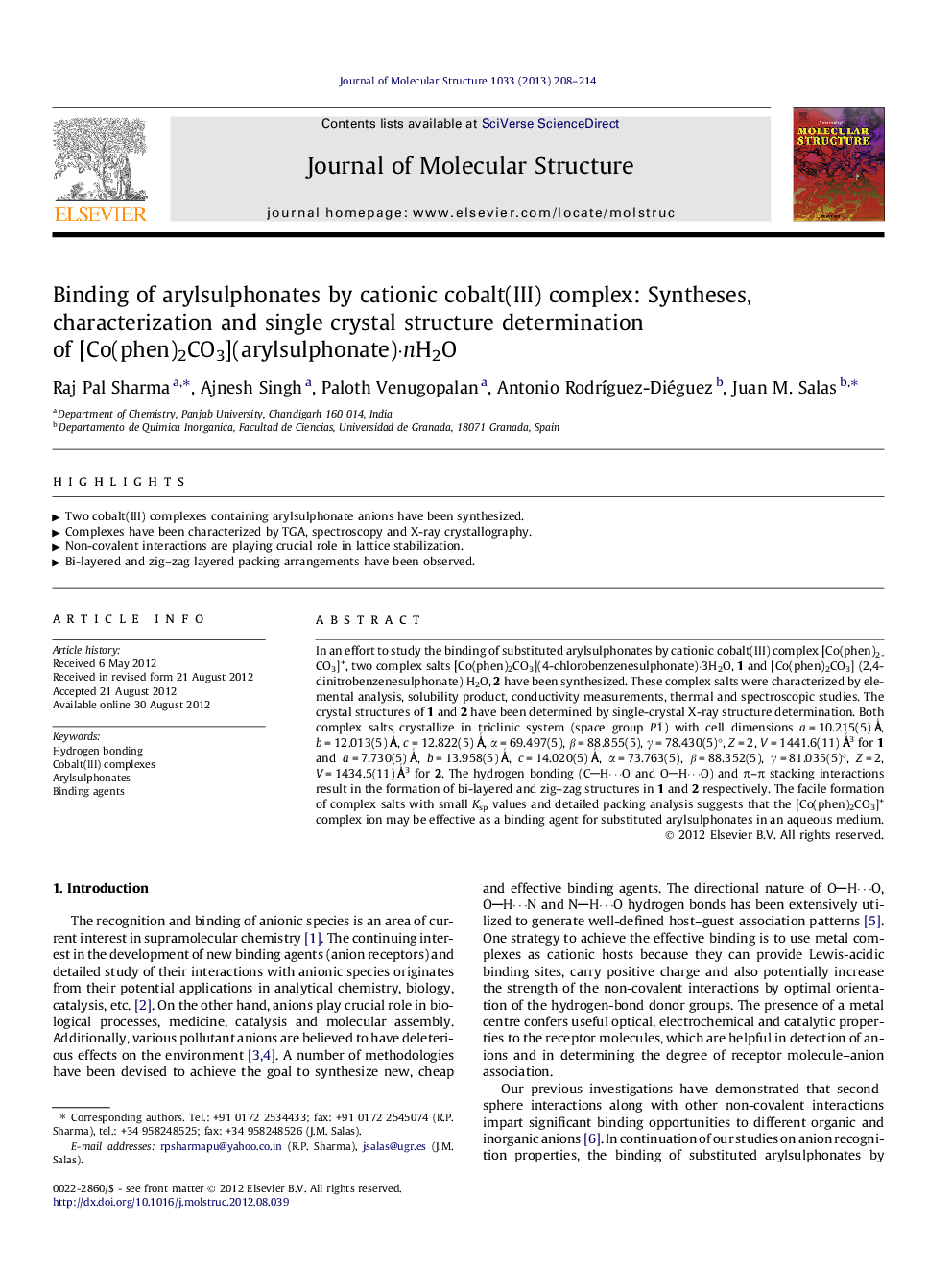 Binding of arylsulphonates by cationic cobalt(III) complex: Syntheses, characterization and single crystal structure determination of [Co(phen)2CO3](arylsulphonate)ânH2O