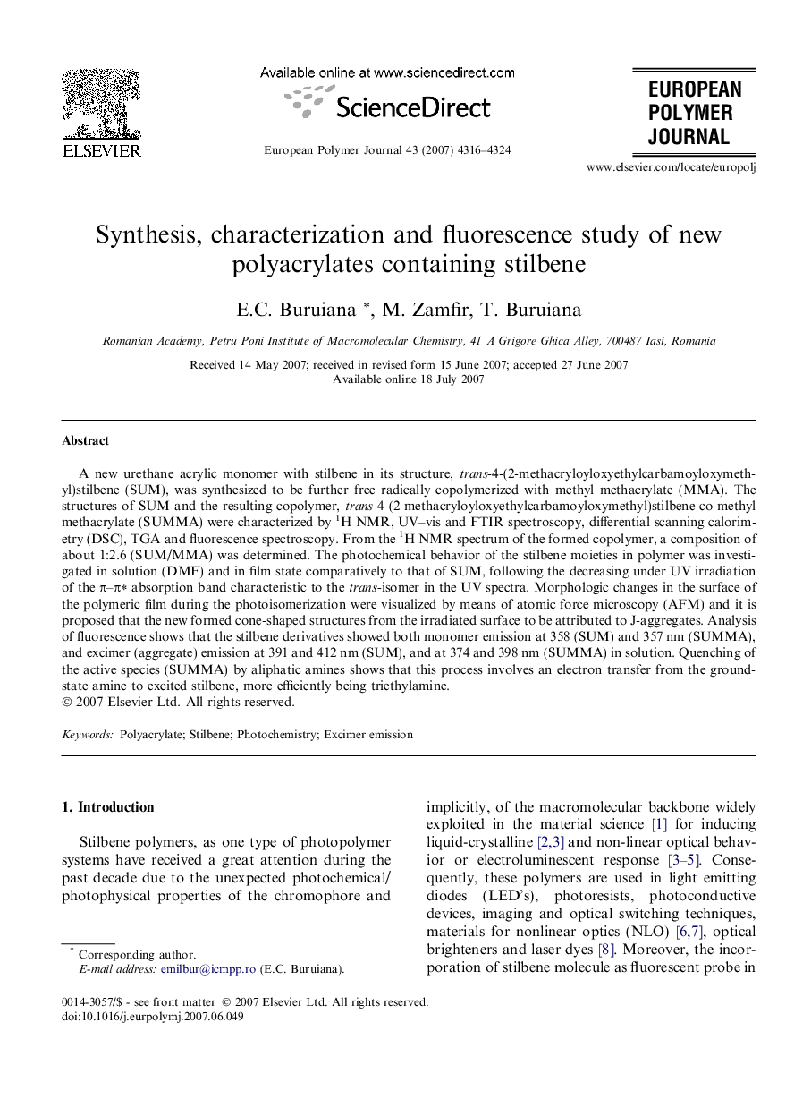 Synthesis, characterization and fluorescence study of new polyacrylates containing stilbene