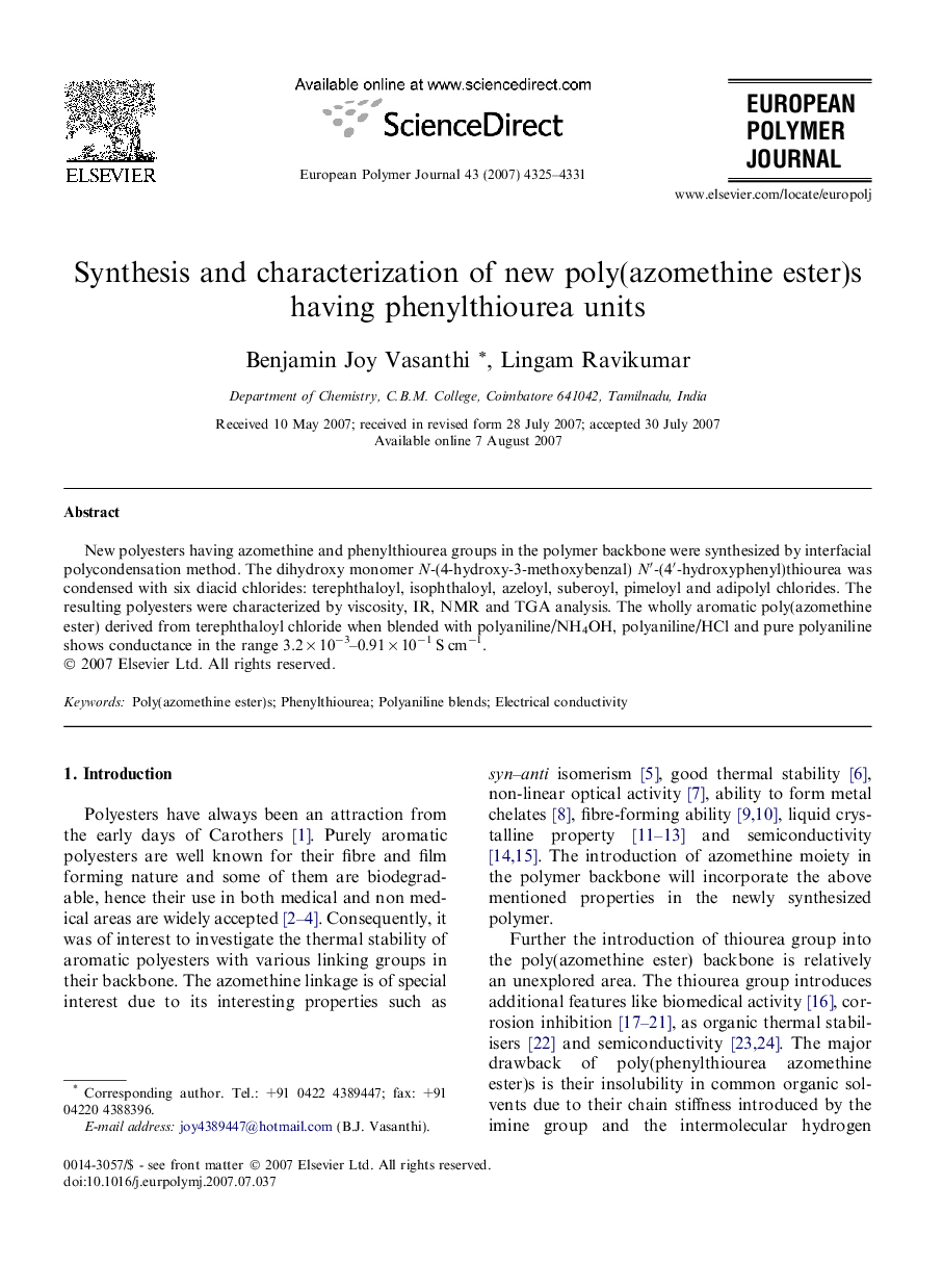 Synthesis and characterization of new poly(azomethine ester)s having phenylthiourea units