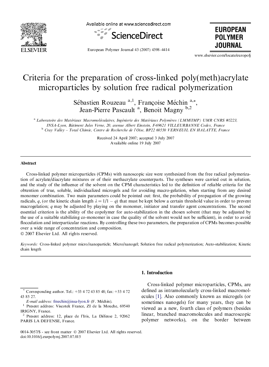 Criteria for the preparation of cross-linked poly(meth)acrylate microparticles by solution free radical polymerization