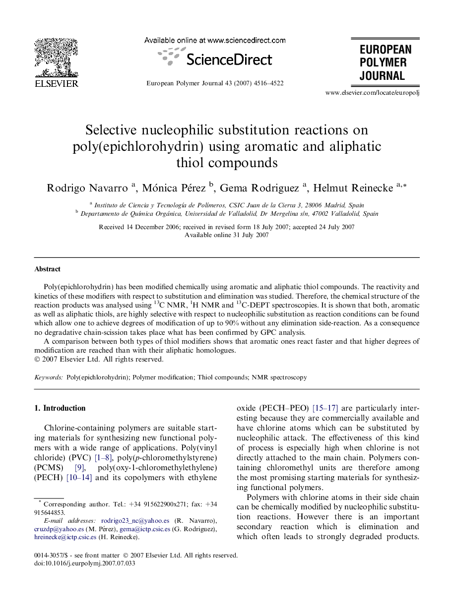 Selective nucleophilic substitution reactions on poly(epichlorohydrin) using aromatic and aliphatic thiol compounds