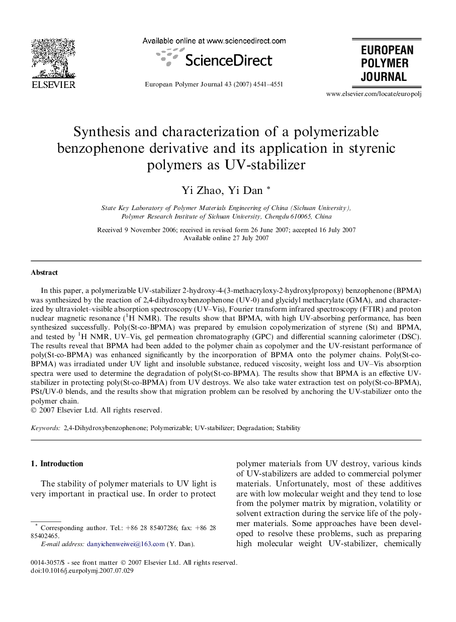 Synthesis and characterization of a polymerizable benzophenone derivative and its application in styrenic polymers as UV-stabilizer