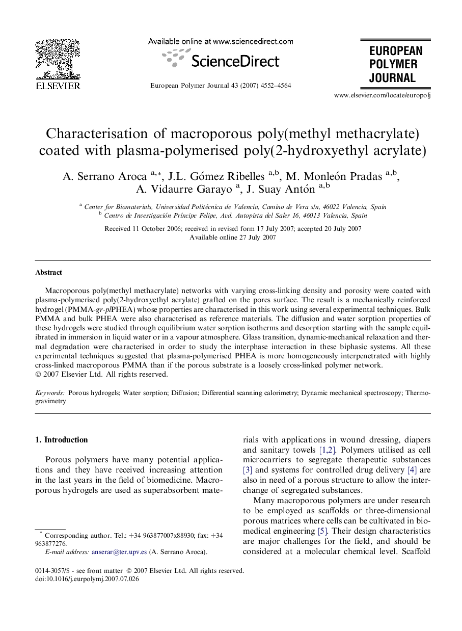 Characterisation of macroporous poly(methyl methacrylate) coated with plasma-polymerised poly(2-hydroxyethyl acrylate)