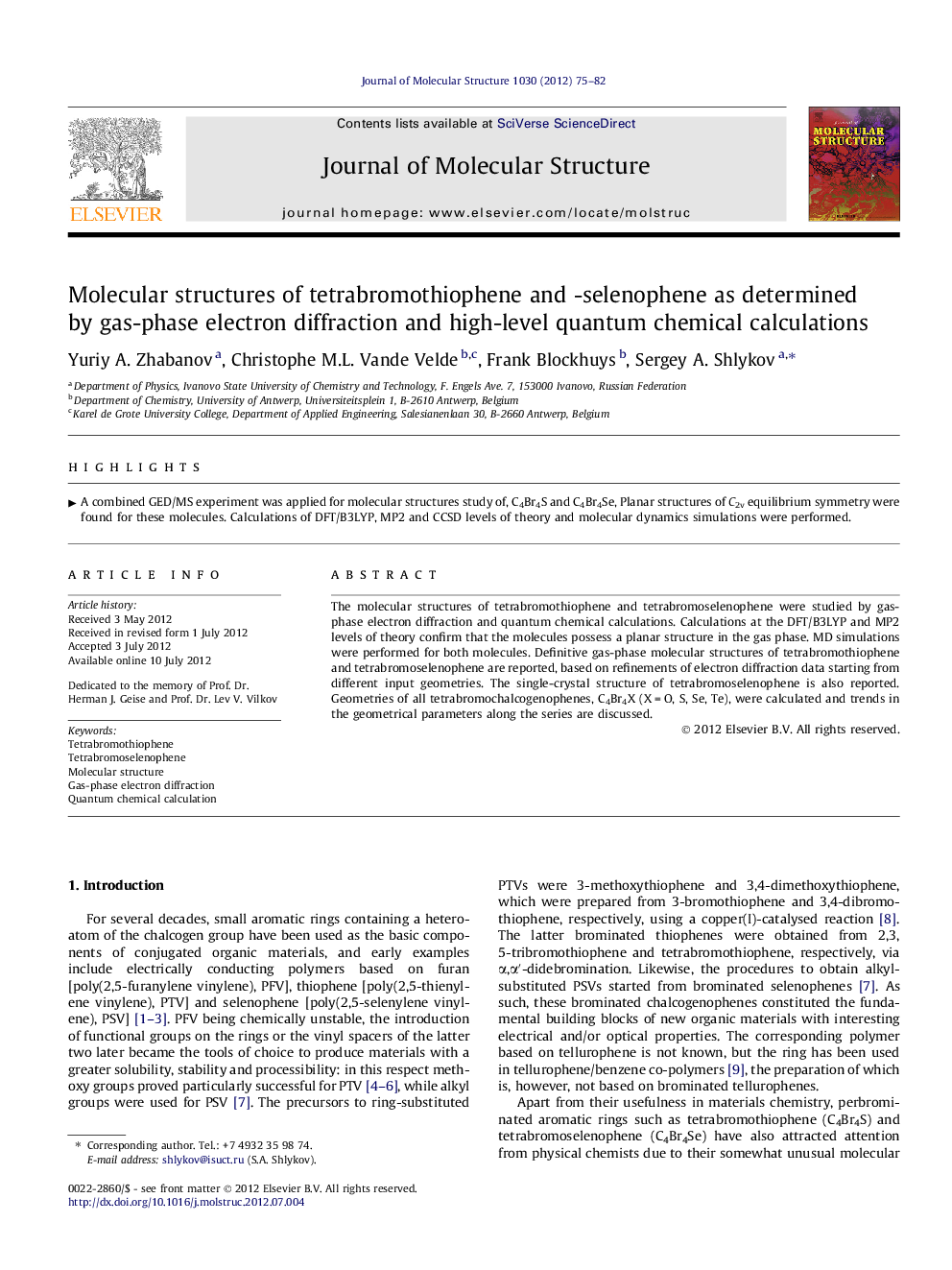 Molecular structures of tetrabromothiophene and -selenophene as determined by gas-phase electron diffraction and high-level quantum chemical calculations