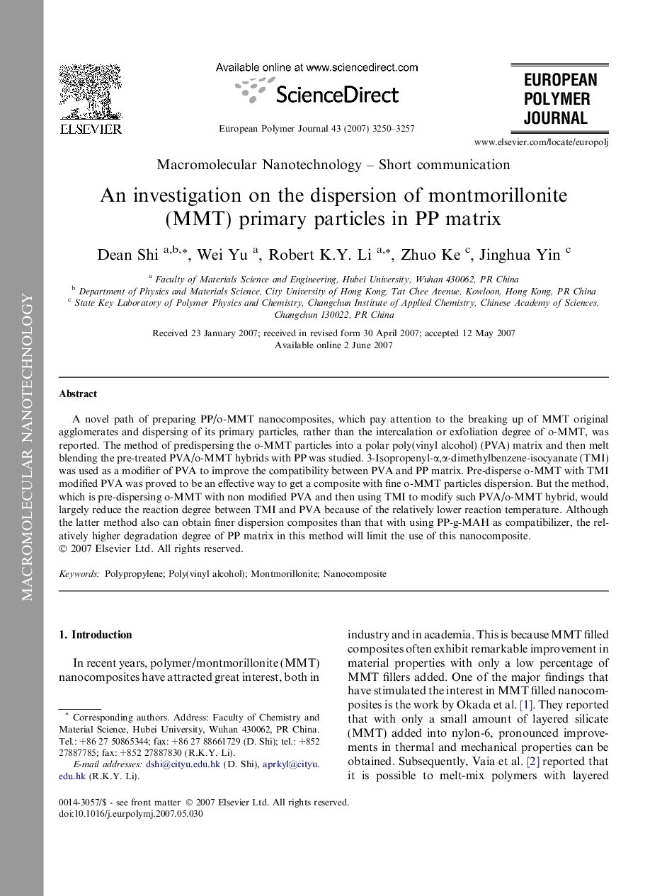 An investigation on the dispersion of montmorillonite (MMT) primary particles in PP matrix