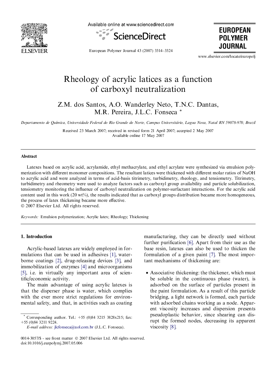 Rheology of acrylic latices as a function of carboxyl neutralization