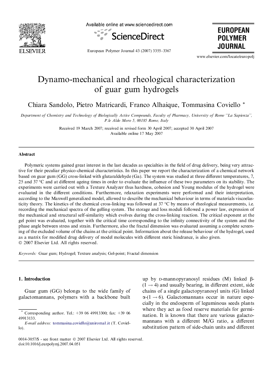 Dynamo-mechanical and rheological characterization of guar gum hydrogels